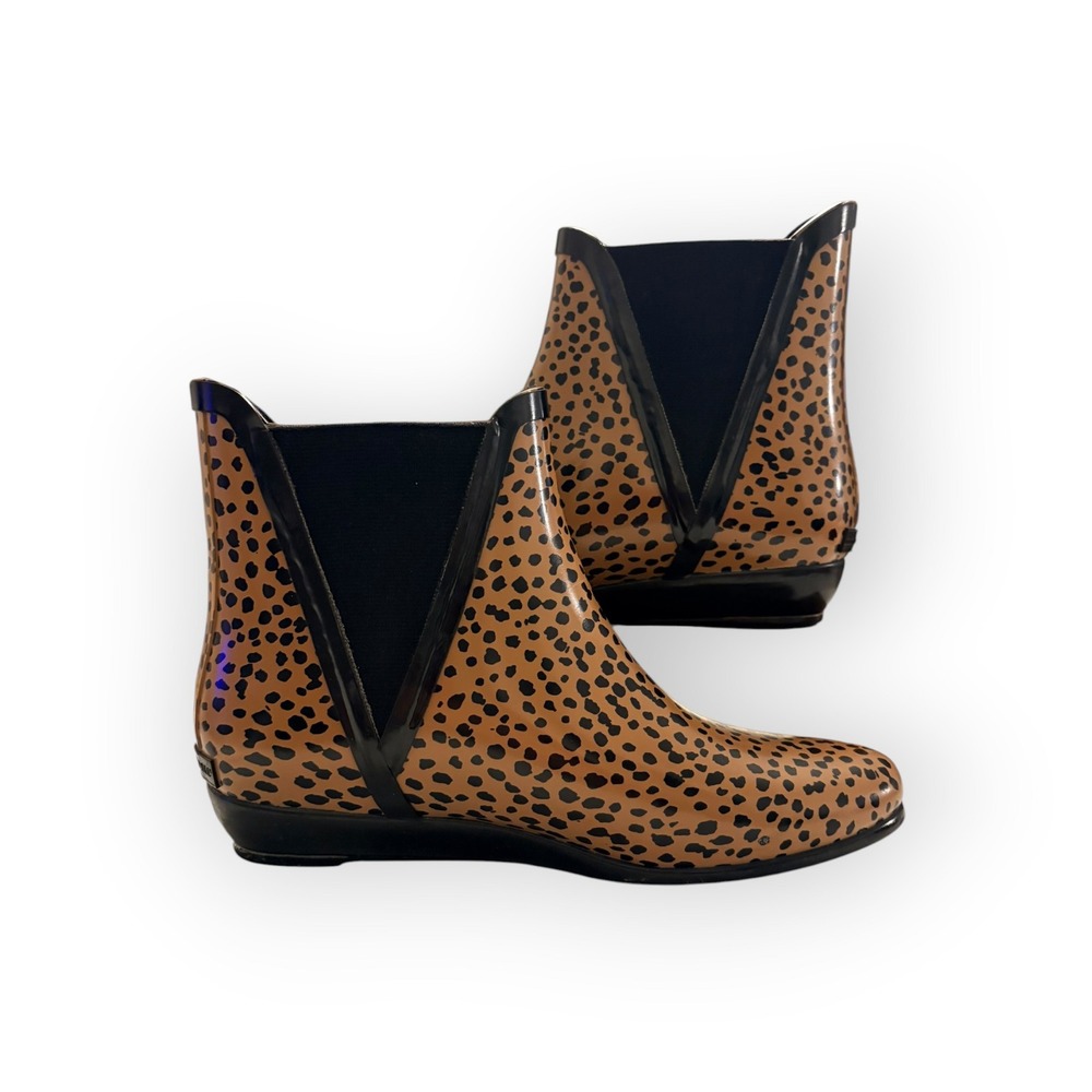 Loeffler Randall Fenton Leopard Print Rain Boots Ankle Chelsea Wedge Tan Black 6